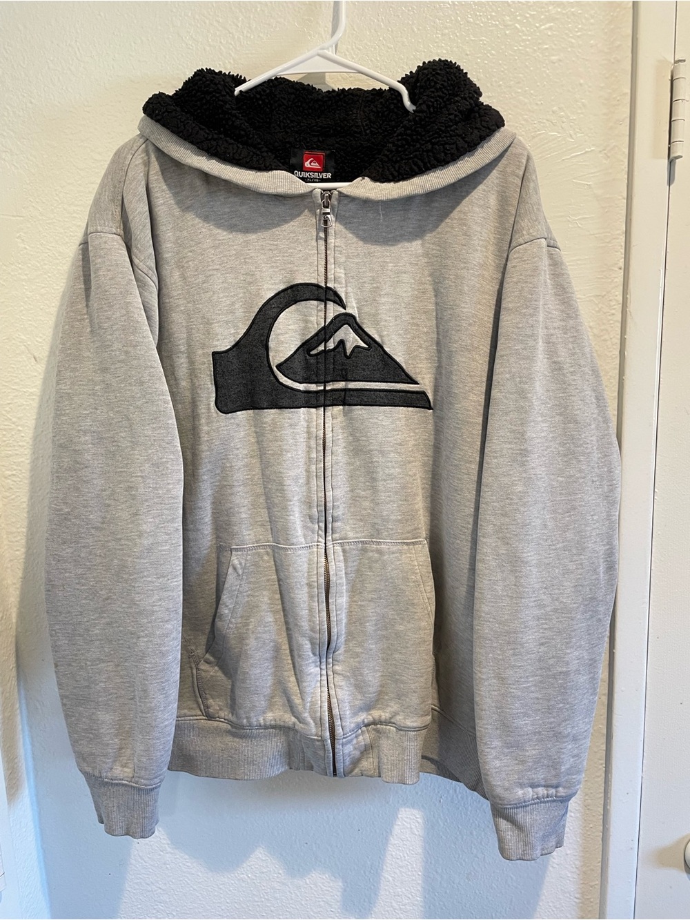 Quiksilver Men's Heather Gray Full Zip Sherpa Lined Hood Logo Hoodie Jacket XL